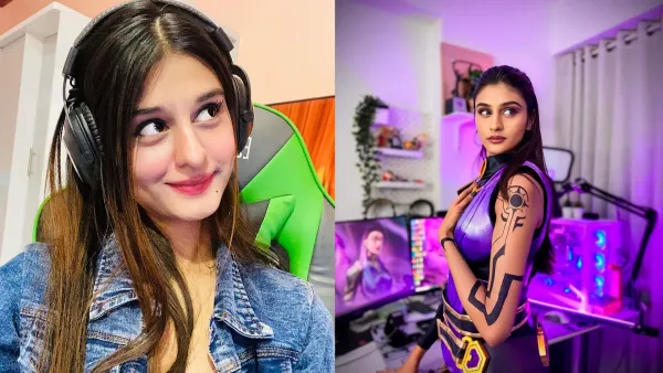 2 pictures of Payal Gaming, one from the live stream and one cosplaying dressed as Reyna from Valorant
